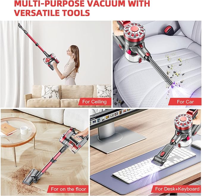 Cordless Vacuum CleaneStick Vacuum Cordless Rechargeable with Super SuctionHardwood Floor Vacuum for Home Pet Hair Carpets Tile(Deep Red)