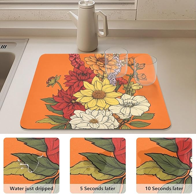 Flowers Dahlia Gladiolus Orange Drying Dish Mat Absorbent Diatomaceous Earth Mat Kitchen Dish Drying Mat Non-slip Dish Drainer Mats Household Essentials
