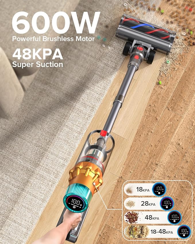 Belife S8 Cordless Vacuum Cleaner 600W 48Kpa Stick Vacuum with 65Mins Runtime Self-Standing 1.6L Large Dust Cup Anti-Tangle Smart Wireless Handheld Vacuums for Carpet Hardwood Floor &amp Pet Hai