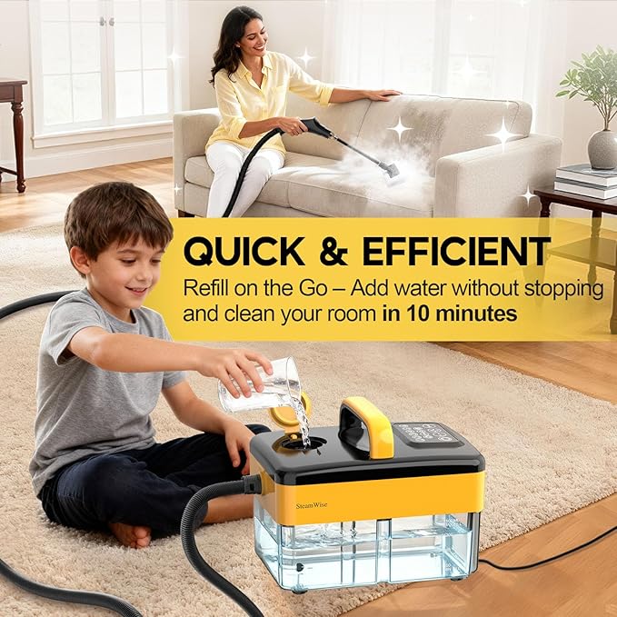 10S Fast Heating Heavy Duty Steam Cleaner 7 Adjustable Levels 1.6 Quarts Tank Continuous Spray Natural Deep Cleaner Portable Handheld Steamer with 15 Accessories for Home Car Tile (Yellow)