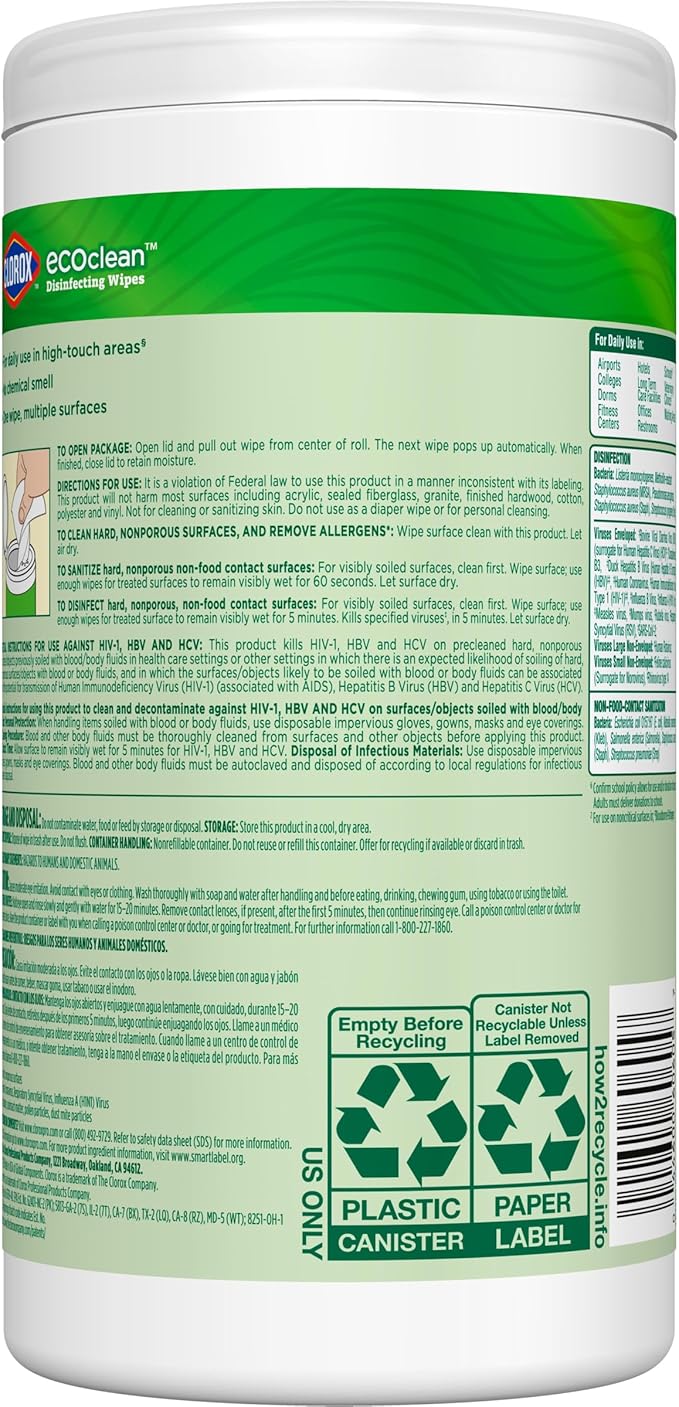 CloroxPro Clorox EcoClean Disinfecting Wipes Multipurpose 100% Plant Based Cleaning Cloths Antibacterial Disinfectant Safe for Multi Surface Use 75 Count (Pack of 6)