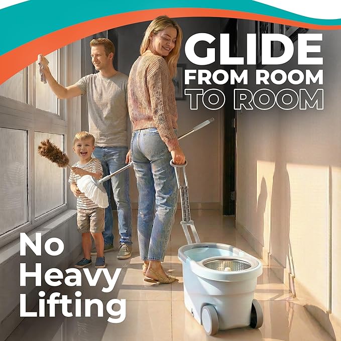 Grazie Spin Mop &amp Bucket Set - 360° Self-Wringing System with Wheels Stainless Steel Handle - Hands-Free Floor Cleaning for Hardwood Tile Laminate - Includes 6 Washable Microfiber Mop Head Refi