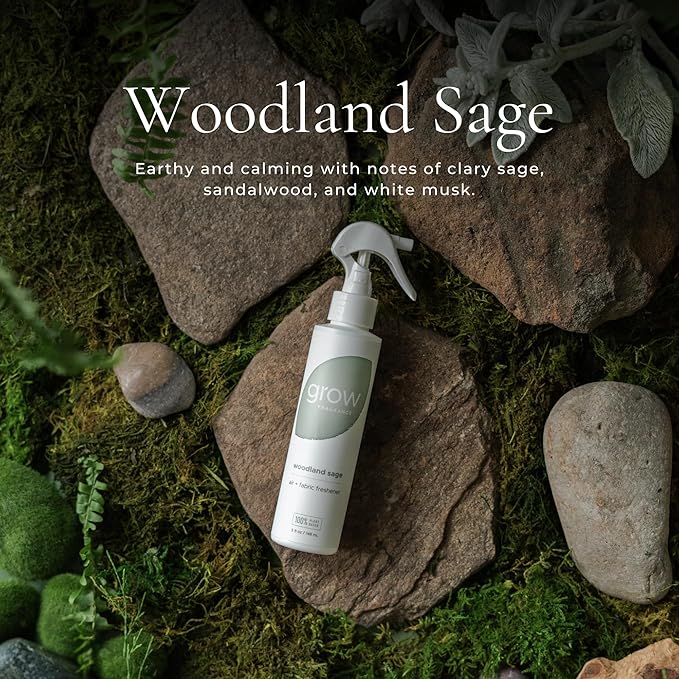 Grow Fragrance Scented Fabric and Room Air Freshener Spray - Certified Non-Toxic 100% Plant-Based Essential Oils - 5 oz (Blondewood + Woodland Sage 2-Count)
