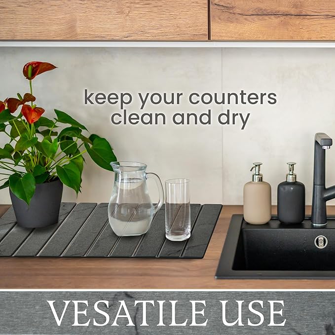 Stone Drying Mat + Foldable Black Metal Dish Rack – Complete 2-Tier Kitchen Drying System – Ultra Absorbent Dark Gray Mat for Plates Glasses &amp Cutlery – Modern &amp Hygienic Counter Organizer -