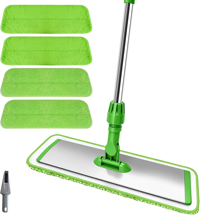 17.7 Microfiber Mop for Floor Cleaning 59in Long Adjustable Stainless Steel Handle 360° Rotating Large Flat Mops 4 Washable Pads for Dry &amp Wet Cleaning for Hardwood Vinyl Laminate Green