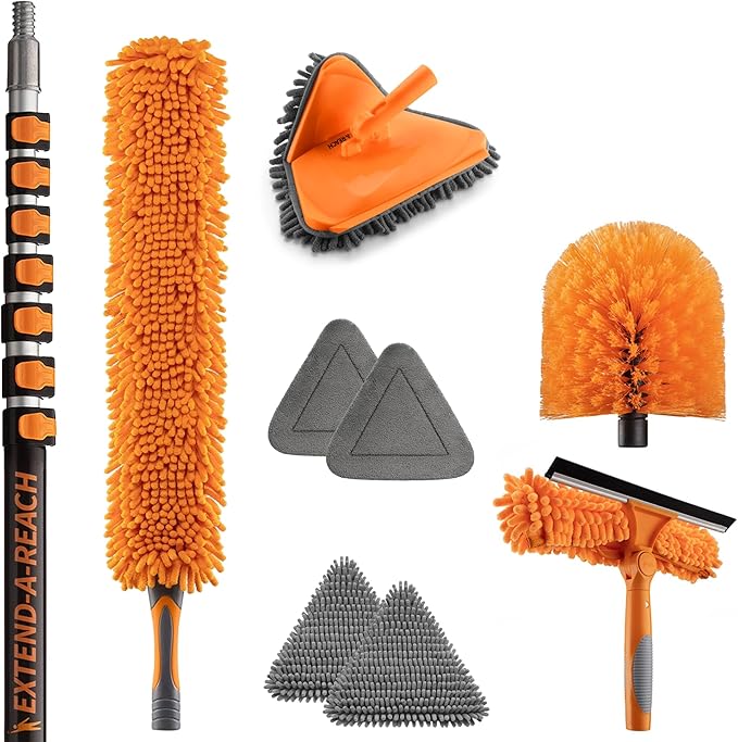 36 Foot High Reach Duster Kit with 5-30 ft Extension Pole // High Ceiling Dusting and Window Cleaning Kit with Telescopic Pole // Baseboard and Wall Washer Mop Squeegee Fan Blade &amp Cobweb Duster