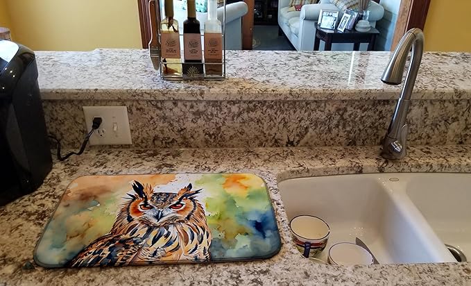 Caroline's Treasures DAC3223DDM Eurasian Eagle Owl Dish Drying Mat Absorbent Dish Drying Mat Pad for Kitchen Counter Dish Drainer Mat for Countertop 14 x 21 Multicolor