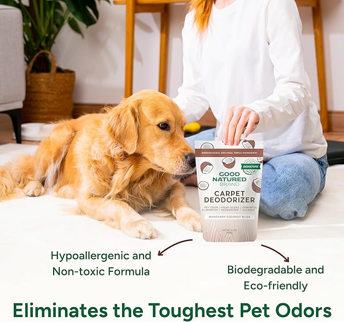 Good Natured Brand | Carpet Deodorizer &amp Freshener Powder | 31 oz Pet Odor Eliminator for Strong Odor &amp Pet Urine | Fresh Natural Mahogany Coconut Bliss Scent | Safe for Homes with Pets