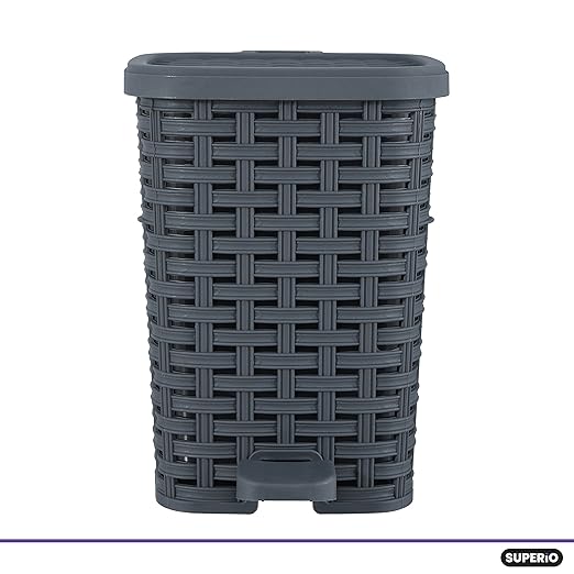Superio Mini Trash Can with Foot Pedal Small Outdoor Garbage Can with Lid 1.5 Gallon Plastic Waste Basket for Bathroom Bedroom Kitchen Office Patio (Wicker Grey 6 QT.)