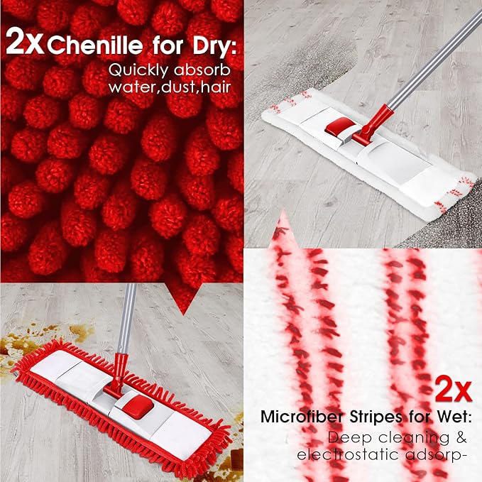 MASTERTOP Microfiber Mop for Floor Cleaning Flat Dust Mop for Home and Kitchen Adjustable Stainless Steel Handle with 4 Washable Mop Pads Hardwood Floor Mop for Wood Vinyl 1 Cleaning Scraper