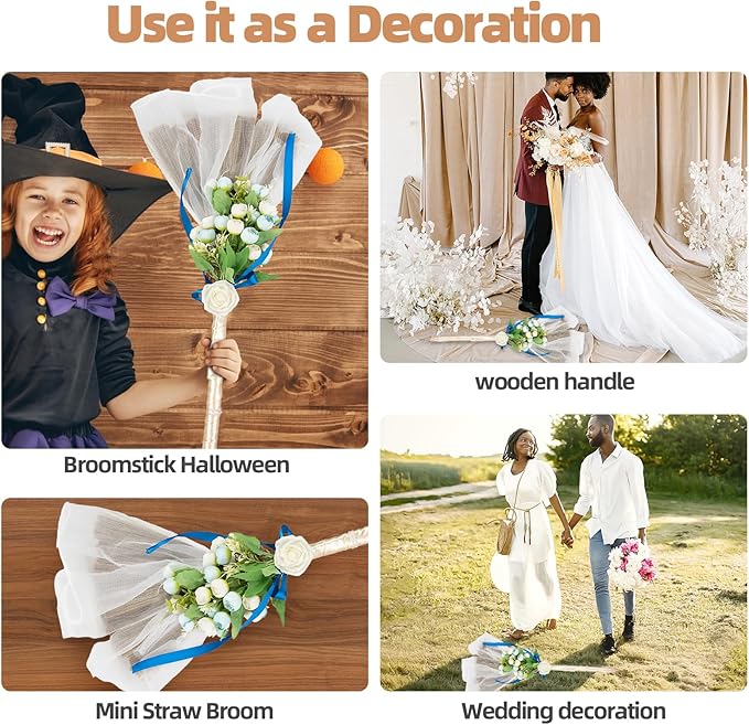 Wedding Broom African Jumping Ceremony Decorative Broom DIY Wedding Decor White Tulle Accents with Pearl Gold Ribbon Artificial Flower Bouquets