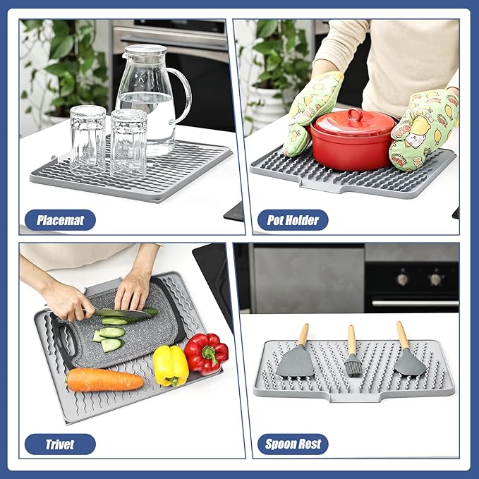 Silicone Dish Drying Mat for Kitchen Counter Heat-resistant Dish Dryer Mat with Built-in Drain Lip Drain Pad Protects Surfaces Prevents Water Build UP