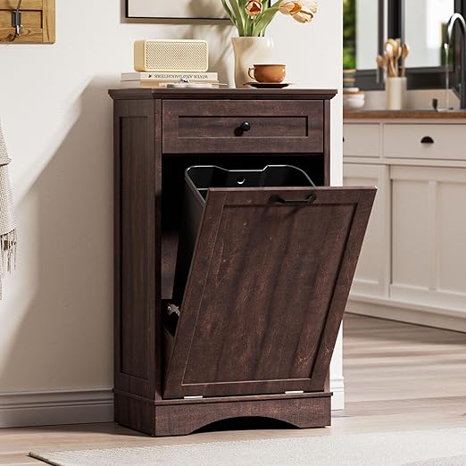 AHB 13 Gallons Tilt Out Trash Cabinet Hidden Trash Can Cabinet Freestanding Garbage Recycling Cabinet with Hideaway Drawer Pet Proof Trash Bin for Kitchen Living Room Brown