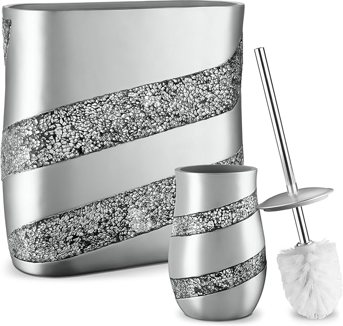 Creative Scents Silver Mosaic Toilet Brush and Holder Set - Toilet Bowl Brush and Holder Sturdy Toilet Cleaner Brush with Stainless Steel Handle Bathroom Toilet Scrubber Brush with Decorative Holder