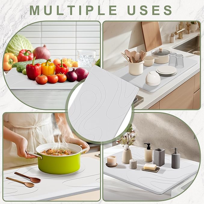 Large Stone Drying Mat for Kitchen Counter 24 × 16 Diatomite Dish Drying Mat Quick Dry Stone Mats Ultra Absorbent Natural Diatomaceous Earth Mats for Dished Bottles White