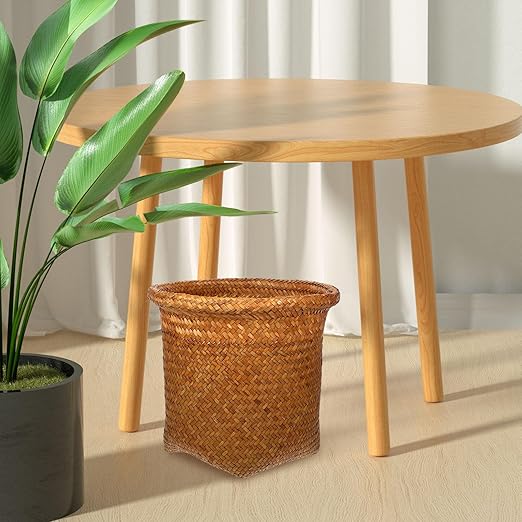 Alipis Seagrass Waste Basket Wicker Trash Can Woven Garbage Bin Laundry Hamper Rattan Plant Pot Rustic Storage Basket Rubbish Recycling Container for Kitchen Home Office