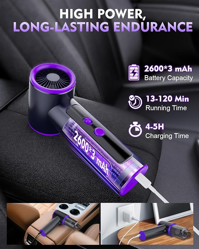 100-Speed Stepless Adjustable Mini Vacuum Cleaner: 16000PA Strong Suction Cordless Hand Held Car Vacuum and Air Duster with Digital Display Keyboard Vac for Sewing Machine Home Office Pet Hair