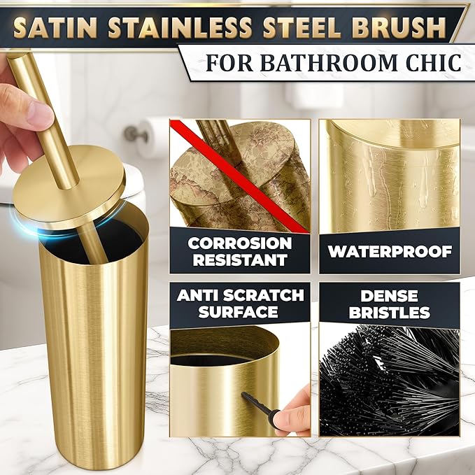 Gold Toilet Brush and Holder Set - Brushed Stainless Steel Gold Toilet Bowl Brush and Holder with Replacable Head Removable Inner Bowl and Splash Protection - Dense Bristles for Through Cleaning