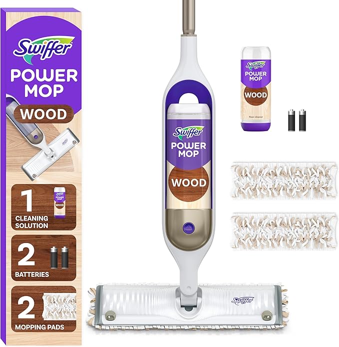 Swiffer Power Mop Wood Hardwood Floor Cleaner for Mopping Home Bathroom Kitchen All Purpose Multi-Surface Cleaning Set includes PowerMop Wood 2 Pads 1 QuickDry Lemon Solution &amp 2 Batteries