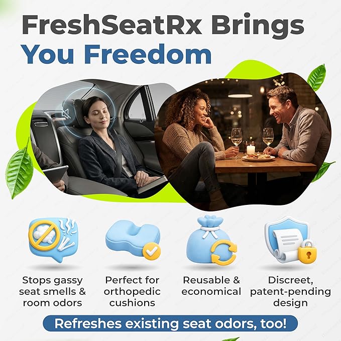 FreshSeatRx 4-Discreet Odor Removal Seat Pads. Orthopedic Seat Cushion Pads Prevent Gassy Seat &amp Room Air Odors. Use Home Office Car Flight Any Seating. Activated Charcoal &amp Carbon Gas Pad