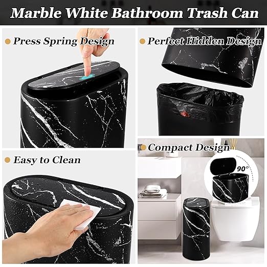 Small Bathroom Trash Can with Lid Press Top 2.8 Gallon Black Slim Plastic Garbage Can with Pop-Up Lid Mini Desktop Trash Can Toilet Brush Holder and 135 Count Various Size Trash Bags