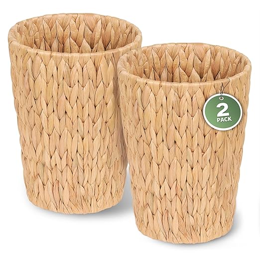 2 Pack Wicker Trash Can Small Bathroom Trash Can 2 Gallon Woven Natural Water Hyacinth Waste Basket for Bedroom Boho Garbage Can for Decor Home Kitchen Living Room Office (Round)