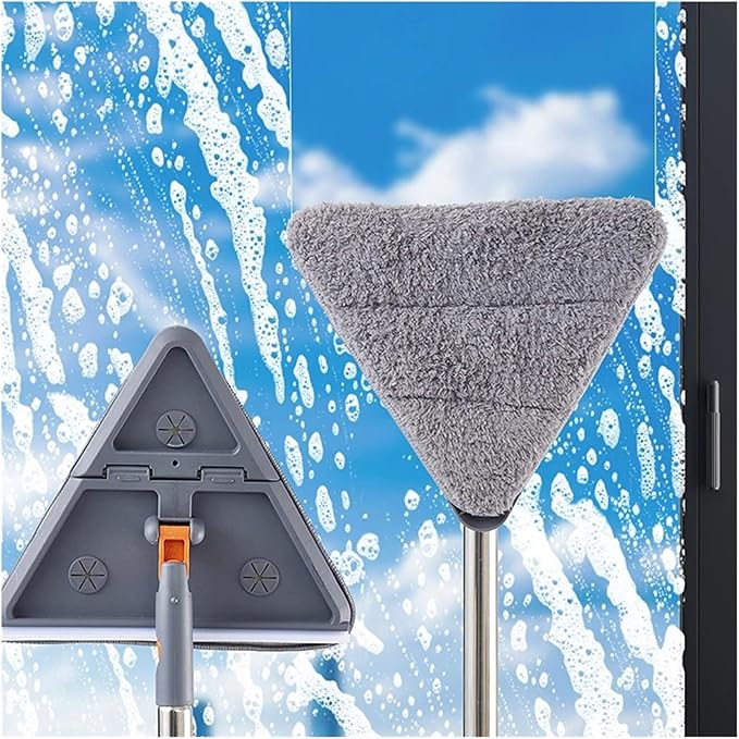 Portable Fold Triangle Head Floor Mop Cleaner Tool 360 Rotation Cleaning for Kitchen Walls and Ceilings Microfiber Pad(Combination-A)