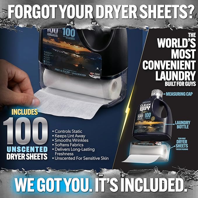 Laundry Detergent with Dryer Sheets | Unscented &amp Gentle Sensitive Skin Safe Deep Cleaning Power Softens Clothes Without Fragrance - Free &amp Clear (100 Loads PLUS 100 Dryer Sheets)