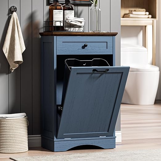 AHB 13 Gallons Tilt Out Trash Cabinet Hidden Trash Can Cabinet Freestanding Garbage Recycling Cabinet with Hideaway Drawer Pet Proof Trash Bin for Kitchen Living Room Blue