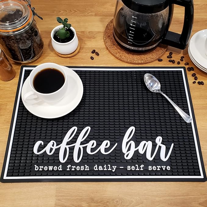 New Mungo Coffee Bar Mat – “Coffee Bar - Brewed Fresh Daily - Self Serve” – Spill-Proof PVC Coffee Station Mat Non-Slip Countertop Protector 18x12