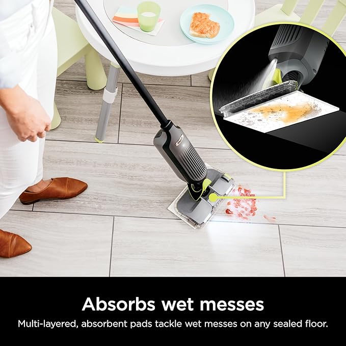 Shark VACMOP Cordless Hard Floor Cleaner Vacuum and Spray Mop Powerful Suction Lightweight LED Headlights Includes 4 Disposable Pads 12oz Multi-Surface Cleaning Solution Gray VM252