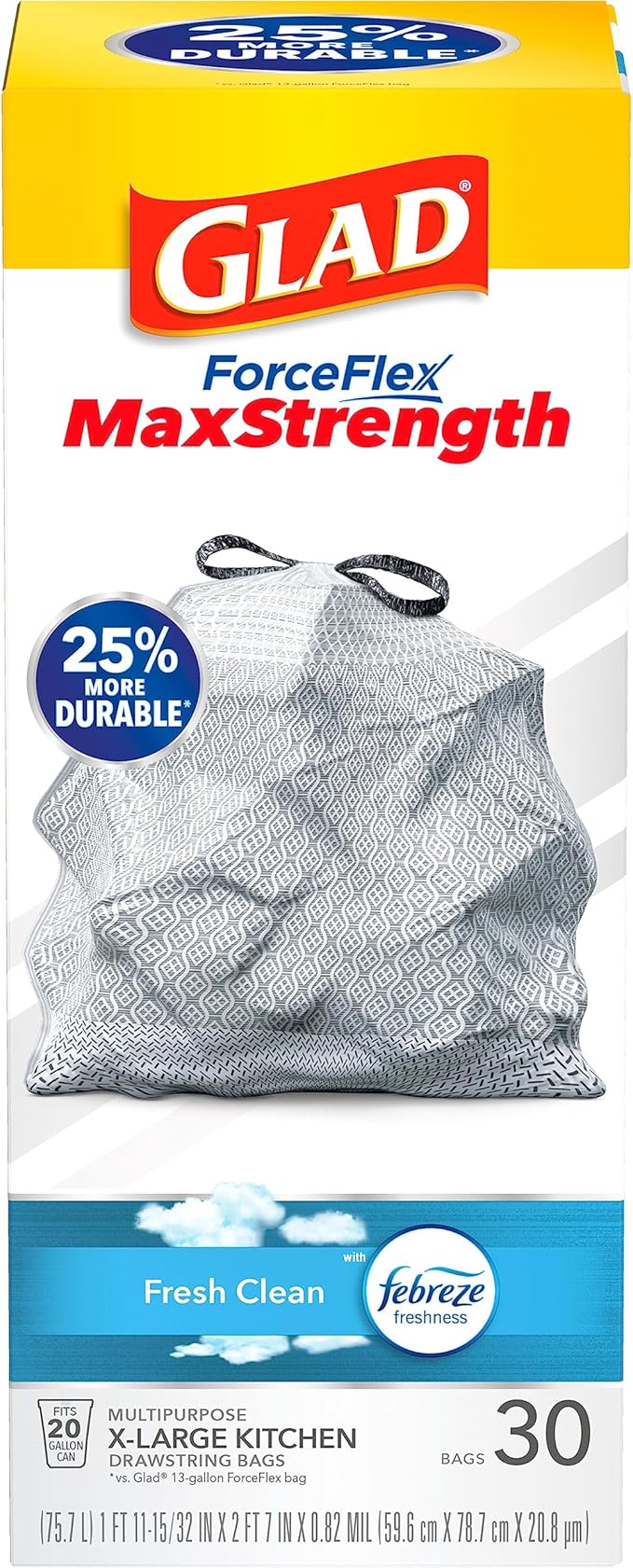 Glad ForceFlex MaxStrength XL Trash Bags 20 Gal Fresh Clean 30 Ct (Package May Vary)