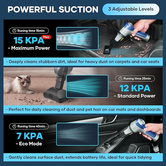Mini Vacuum Cleaner 3 in 1 Car Vacuum Cleaner High Power 15000PA Powerful Suction Air Duster 7500mAh Adjustable Small Vaccum Portable Cordless for CarsDesktopHome- Light Blue