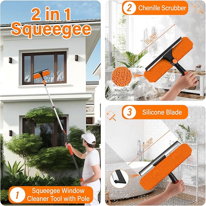 26FT High Reach Duster Cleaning Kit with 5-20 FT Extension PoleHigh Ceiling Dusting and Window Cleaning Kit with Microfiber Feather DusterCobweb DusterCeiling Fan DusterWindow Squeegee Cleaner