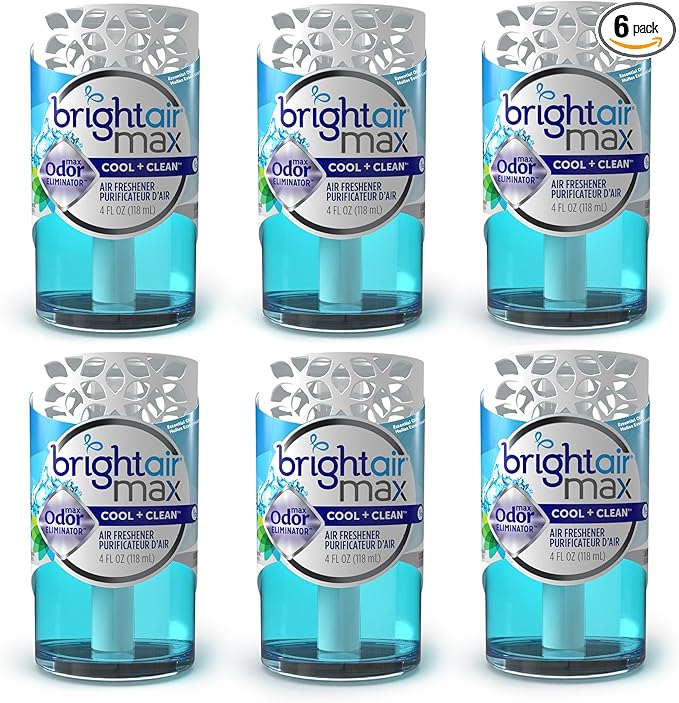 Bright Air Max 4 oz. Odor Eliminator Air Freshener for Medium-Size Spaces Cool &amp Clean Scent Case of 6 Lasts up to 60 Days Each