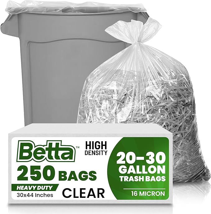 Betta 20-30 Gallon Clear Trash Bags 250 Count Box (30x44-inch) Commercial Heavy-Duty Garbage and Recycling Can Liners 16-20 Gallon Round Cans 15-23 Gallon Slim and Square Cans