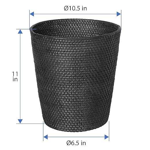 KOUBOO Loma Round Rattan Paper Waste Basket Trash Can Bathroom Garbage Bin Bedroom Kitchen Office Home Desk Small Wicker Bin for Waste Paper Black
