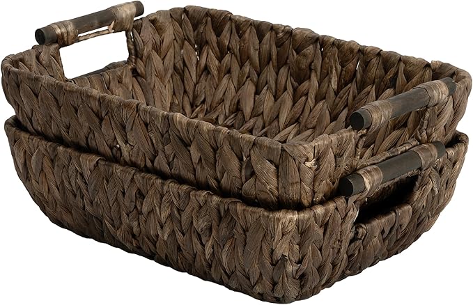 StorageWorks Wicker Baskets for Organizing Woven Basket with Wooden Handles Wicker Storage Baskets for Shelf Brown 2-Pack