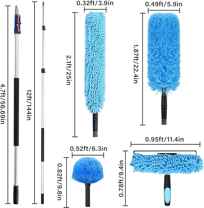 High Reach Cleaning Kit with 12FT Telescoping Pole - Ceiling Fan &amp Microfiber Feather Dusters Cobweb Brush Window Squeegee &amp Washer
