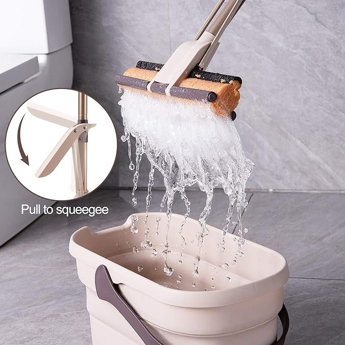 Eyliden Sponge Mop Easy Squeeze Wringing Mop with 2 Reusable Heads Absorbent Honeycomb Sponge for Home and Commercial Use Hardwood Laminate Tile Marble Ceramic Floors Cleaning
