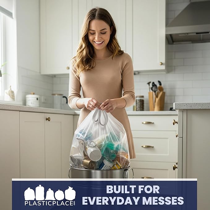 Plasticplace 13 Gallon Trash Bags │ 1.0 Mil │ Clear Extra Tall Drawstring Garbage Can Liners │ 24 x 31 (200 Count)
