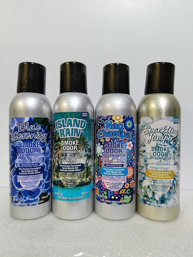 Smoke Odor Exterminator 198 gm/ 7 oz Large Spray Blue Serenity Set of Four Cans. Assortment (4) Includes Blue Serenity Sparkling Juniper Island Rain &amp Nag Champa.