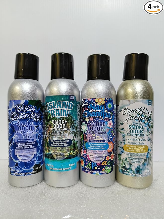 Smoke Odor Exterminator 198 gm/ 7 oz Large Spray Blue Serenity Set of Four Cans. Assortment (4) Includes Blue Serenity Sparkling Juniper Island Rain &amp Nag Champa.