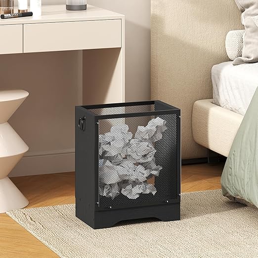 HOOBRO Industrial Trash Can 4.5 Gallon Metal Mesh Waste Basket with Wooden Base Small Garbage Can for Office Bedroom Under Desk Black BB06LJ01