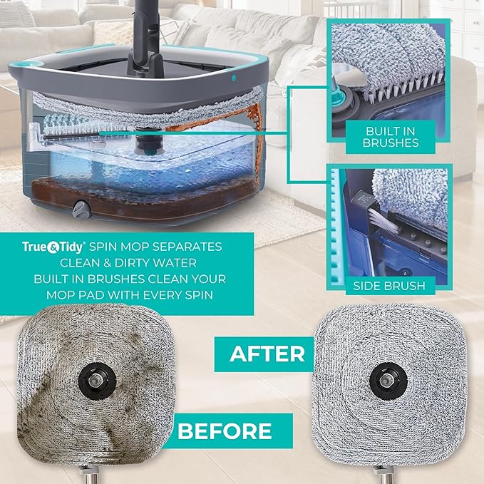 True &amp Tidy True Clean Spin Mop &amp Bucket System – Dual Compartment Design for Clean &amp Dirty Water 360° Swivel Mop Head Built-in Scrubbing Brush Stainless Steel Handle &amp 2 Reusable M
