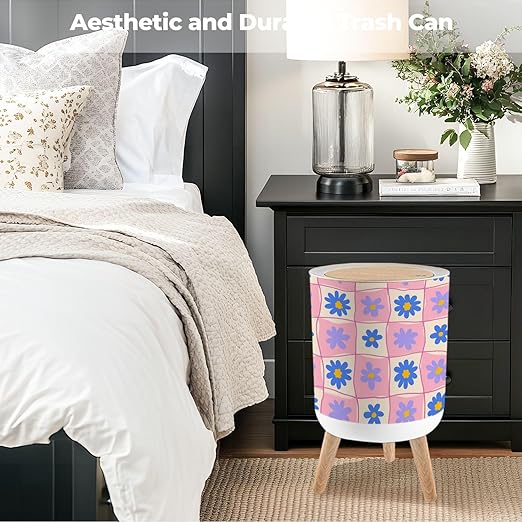 Bathroom Trash Can with Lid Retro Checkered Seamless Hand Drawn Daisy Flowers Wavy Lines Pink Blue Garbage Bin Waste Basket for Kitchen Office Bedroom Decoration Diaper Pail 1.8 Gallon