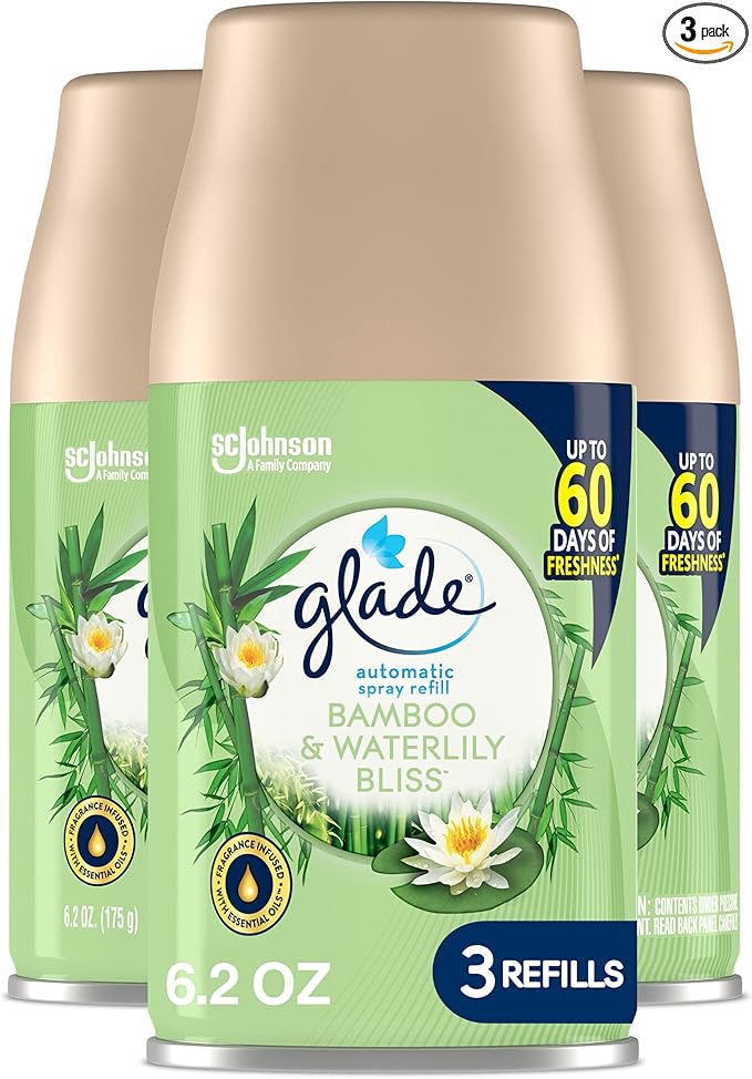 Glade Automatic Spray Refill Air Freshener for Home and Bathroom Bamboo &amp Waterlily Bliss 6.2 Oz 3 Count