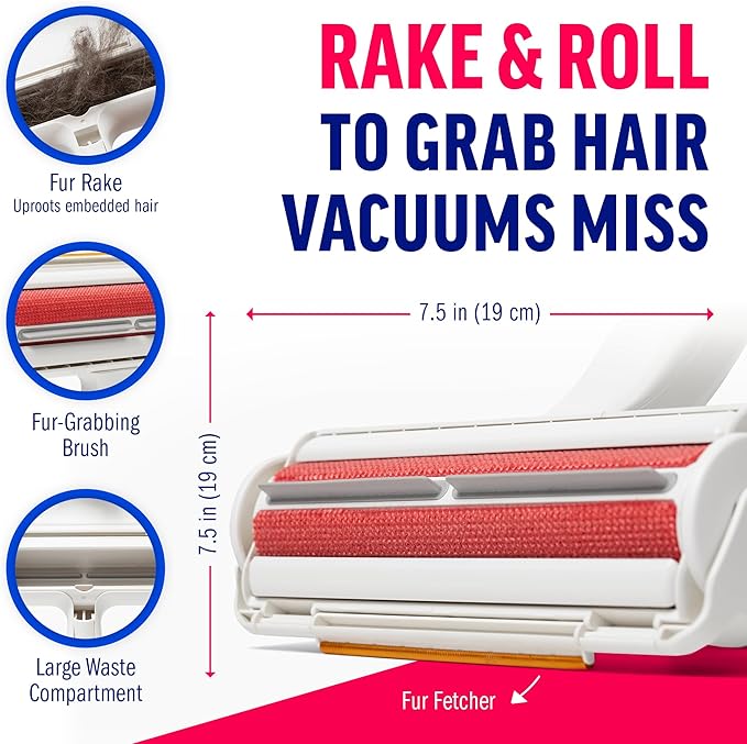 ChomChom Roller &amp Rake – Reusable Pet Hair Removal Roller with Rake Attachment for Cat &amp Dog Fur on Furniture Couch Carpet Car Rugs Bedding &amp More– Portable Eco-Friendly