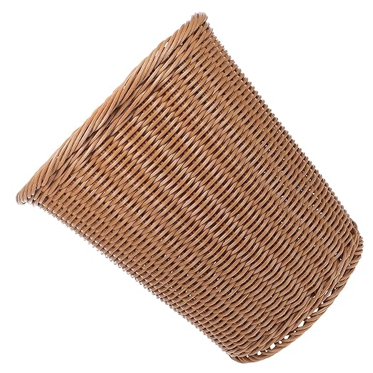 Woven Rattan Trash Basket Rust-Resistant Iron Frame Handwoven Round Wastebasket for Office and Home Brown Simulated Rattan Trash Can Open-Top Rubbish Container for Bedroom Use