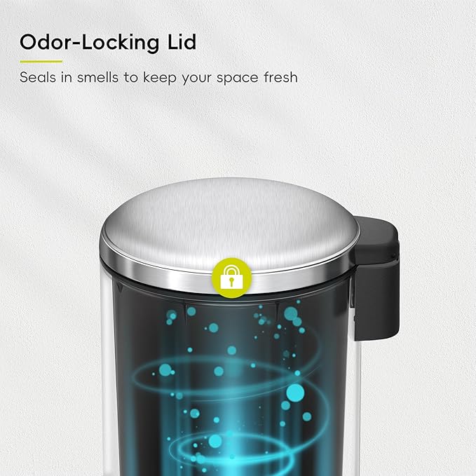 EKO Serene 5L / 1.32 Gallon Step Trash Can with Lid Small Stainless Steel Round Garbage Can with Removable Inner Bucket Compact Bin for Powder Rooms Offices &amp Tight Bathroom Spaces.